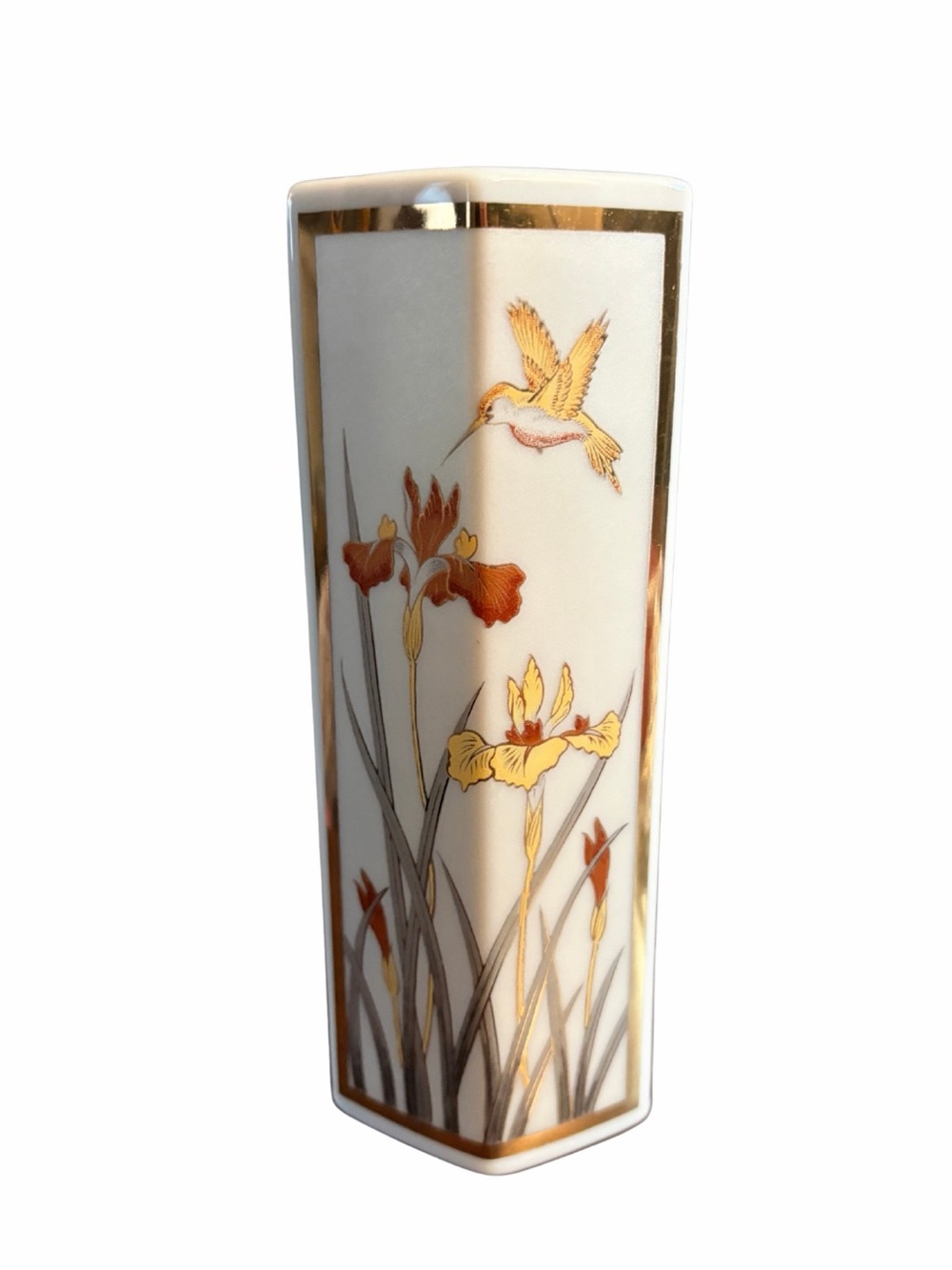 Vintage 6” Porcelain Floral Hummingbird Accent Vase in White and Gold